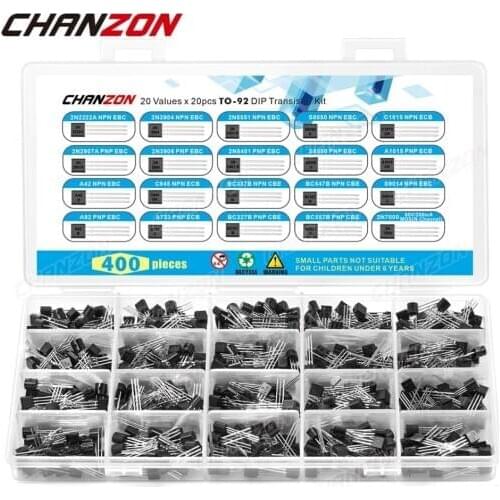 400pcs TO-92 NPN PNP Transistor Kit Assortment BC547 2N7000 2N3904 2N5551 BC337 BC557 2N3906 2N2222A S8050 2N5401 BC327 2SC1815