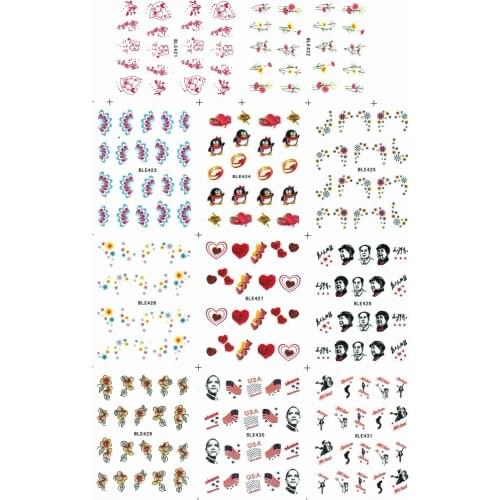 11 PACKS/LOT UPRETTEGO NAIL ART BEAUTY WATER DECAL SLIDER NAIL STICKER FLOWER PETALS MJ LOVE HEARTS PENGUIN BLE421-431