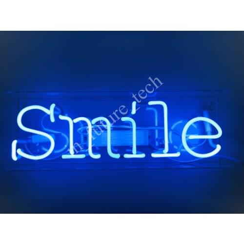 14“ Smile Blue Acrylic Custom Neon Light Lamp Sign Beer Bar Handmade Real Glass Decorate Home Wall Room Windows Tube Artwork