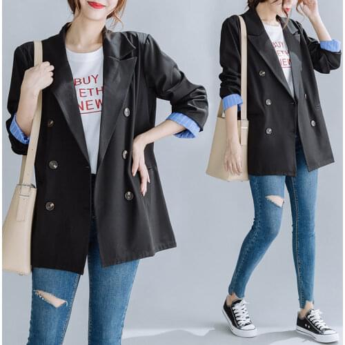 New Black Womens Suit Jacket Spring and Autumn Korean Style Wild Double-breasted Loose Design Casual Blazer Feminino Coat K1242