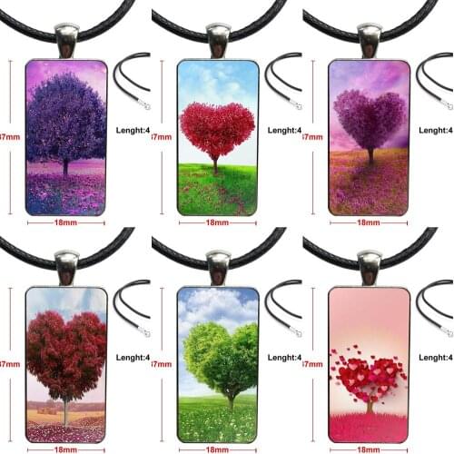 For Women Gifts Boy Beautiful Love Shape Tree Stainless Steel Color Glass Cabochon With Rectangle Shaped Pendant Choker Necklace