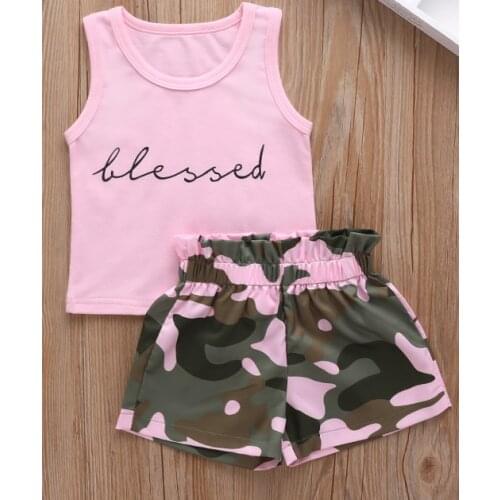 Girls Casual Two-piece Clothes Set, Pink Letters Printed Pattern Round Collar Vest and Elastic Waist Shorts