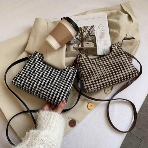 Simply Crossbody Bags Lady Street Woolen Travel Small Handbags Retro Houndstooth Shoulder Messenger Bag for Women 2020