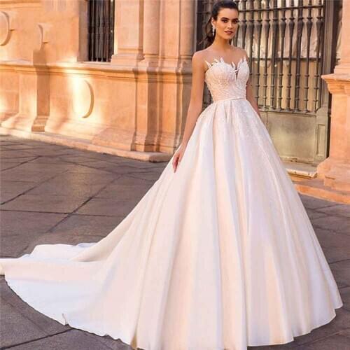Sheer Illusion Lace Appliques Satin Wedding Dresses Bridal Gowns Custom Made Long Bridal Gowns Robe De Mariage Spring