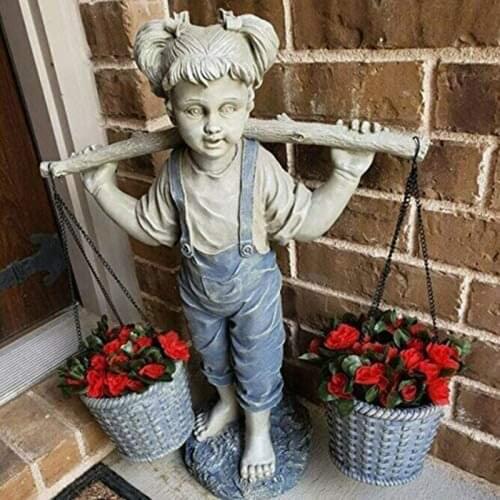 Garden Decorative Statue Resin Little Girl Carrying Flower Baskets Sculpture for Yard Balcony Courtyard