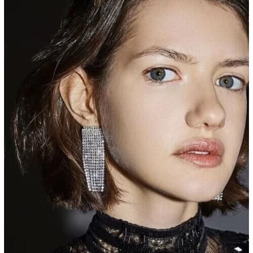 European and American Personality Square Rhinestone Super Flash Tassel Earrings Retro Cold Wind Earrings