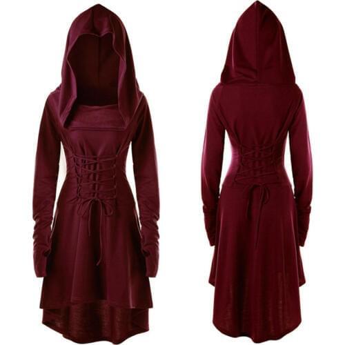 Medieval Costume Women Lace Up Hooded High Low Dress Girls Victorian Casual Hoodies Jacket Coat