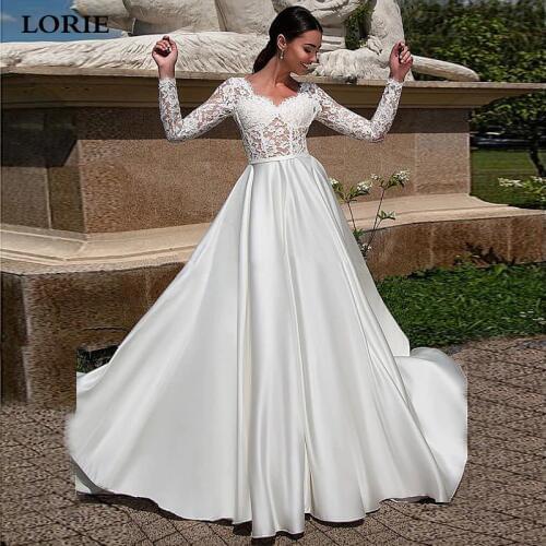 LORIE Princess Wedding Dress Long Sleeve Top Lace Bride Dresses Satin Boho Wedding Gown Vestido de noiva