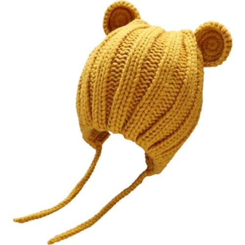 Knitted Winter Baby Hat with Ears Cartoon Lace-up Children Kids Baby Bonnet Cap for 5 months-3 years old 6 Colors
