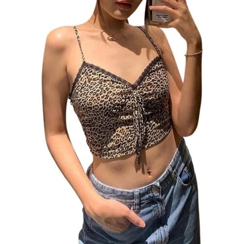 Women Casual Close-fitting Camisole, Grey Leopard Printed Pattern V-neck Sleeveless Crop Tops