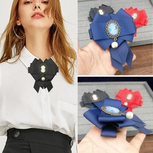Fashion Fabric Ribbon Bowknot Brooches for Women Vintage Queen Cameo Pearl Brooch Pins Collar Tie Corsage Broche Costume Jewelry