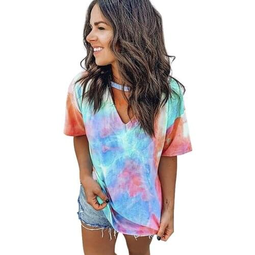 Women Summer Fashion V Neck Shirts Tie Dye Print Choker Tops Color Block Gradient Tees Casual Loose Comfy Retro Stylish Pullover