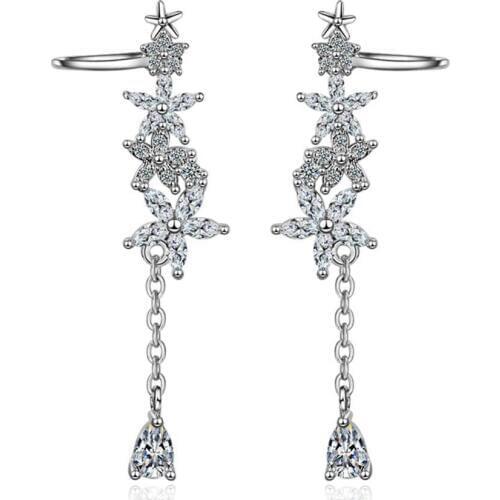 Charm Ear Jewelry for Women Girls Unique Flower Crystal Stud Earrings Connect Water Drop Pendant Silver/Rose Gold Color