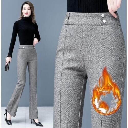 2021 Autumn Winter Womens Woolen Flared Pants Female Slim Elastic Waist Bottoms Stretchy Slim Office Lady Wool Trousers Y370