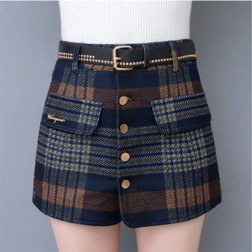 2021 Autumn Winter Women Woolen Shorts Skirt Casual Button High Waist Plaid Shorts Skirts Ladies Skinny A-Line Shorts With Belt