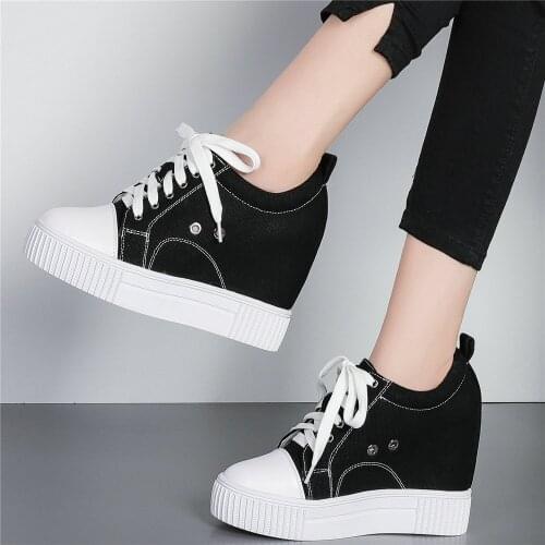 10cm High Heel Fashion Sneakers Women Genuine Leather Wedges Party Ankle Boots Female Canvas Platform Oxfords Shoes Casual Shoes