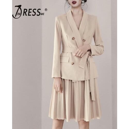 INDRESSME Spring 2020 New Fashion Office Womens Lapel Slim Suit Top Belt Button Pleated Knee-Length Skirt Two Pieces Set