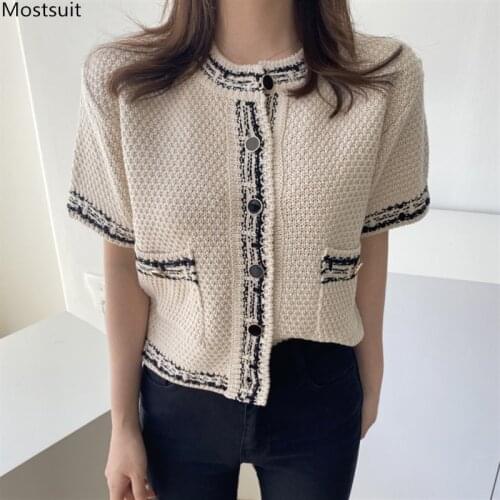 Summer Vintage Knitted Cardigan Sweater Women Luxury Cardigans Korean Style Short Sleeve Single-breasted Pockets Jumper