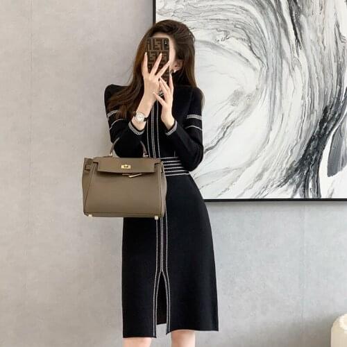 Sexy Knitted Sweater Dress Women Autumn Winter Fashion High Waist O Collar Jacquard Split Striped A Line Knit Dresses Vestidos