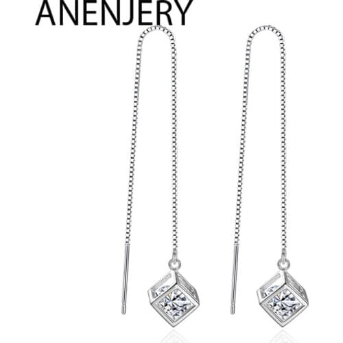 ANENJERY 925 Sterling Silver Delicate Cube Square Earrings Zircon Long Tassel Chain Earrings For Women S-E238
