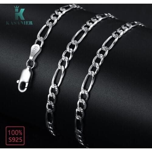 925 Sterling Silver Necklace 4MM Men Sideway Figaro chain Jewelry Cuban Chain HipHop Style Horse Whip Chain Man Jewelry KASANIER