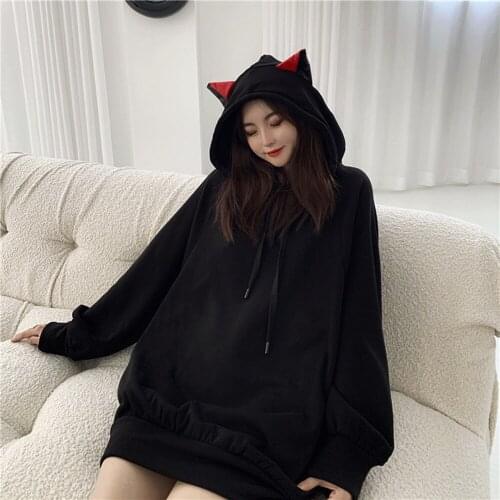 Black Hoodies Women Cat-ear Patchwork Japanese Style Cute Trendy Leisure Popular Kawaii Harajuku Female Clothing Plus Velvet
