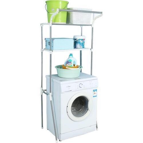 Metal Floor Type 2 Layer Bathroom Storage Rack for Wash Machine Towel Toiletries Organizer Shelf with Hanger Pole DQ5021-3