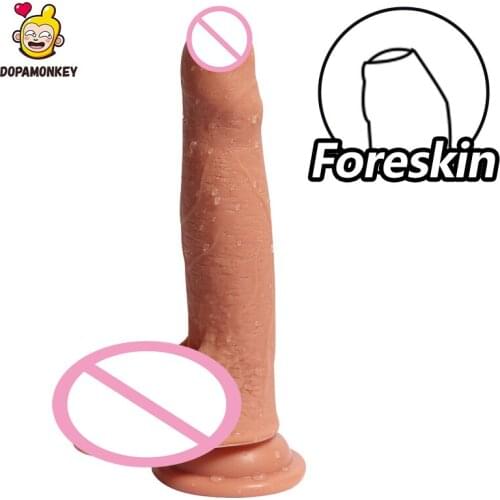 DopaMonkey Realistic Foreskin Dildo Strong Suction Cup Adult Toys Realistic Penis Skin feeling Big Dildo Sex Toy For Woman