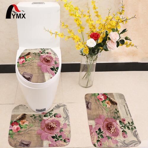 3pcs/lot Flower Rose Pattern Toilet Seat Cover Flannel Fabric Toilet Case Rose Printed Bathroom Door Non-slip Mat Home Decor