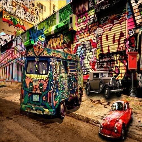 Photo wallpaper 3D hip hop style graffiti bus mural background wall decoration painting stereo wallpaper custom KTV mural