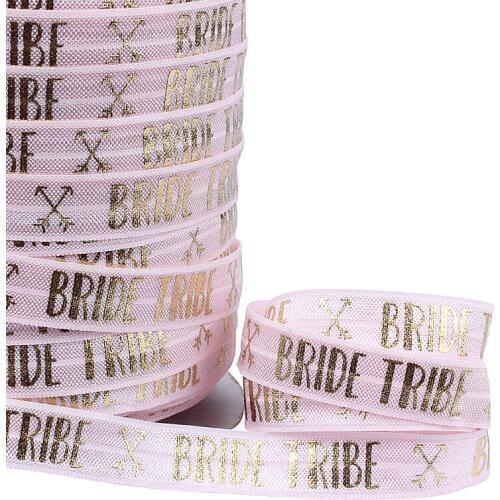 Hot selling bride tribe gold foil printed fold over elastic ribbon for wedding hair accessories