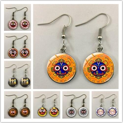 Jagannath Krishna Cartoon Art Photo Ladies Pendant Earrings Retro Face Lotus Glass Cabochon Earrings Religious Jewelry