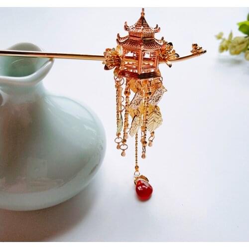 Classical Chinese Hanfu Tiara Pavilion Hair Stick Women Hair Accessories Long Leaf Tassel Step Shake Hairpin Women Hair Jewelry