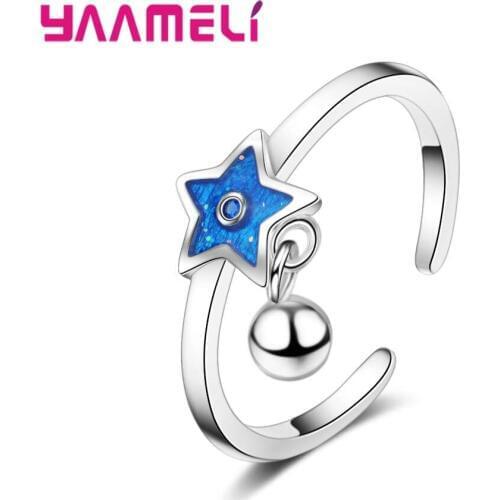 Cute Blue Enamel Star Charms Rings 925 Sterling Silver Adjustable Resizable Design Fashion Jewelry for Women Girls Gift