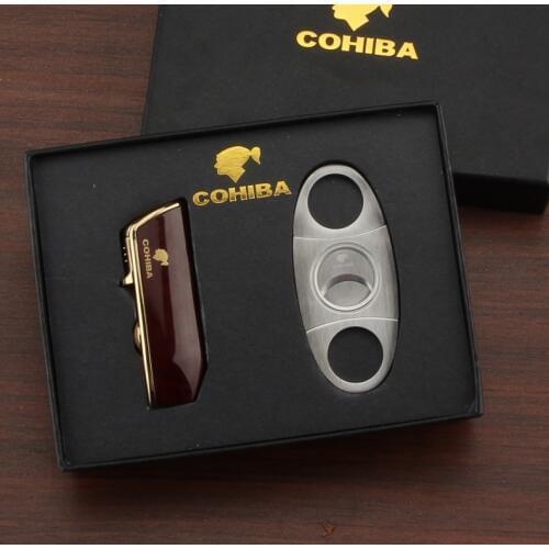 COHIBA Cigar Ligther Set 3 Flame Torch Windproof Butane Gas Refillable Built-in Punch Cigarette Lighter Cigar Cutter Set