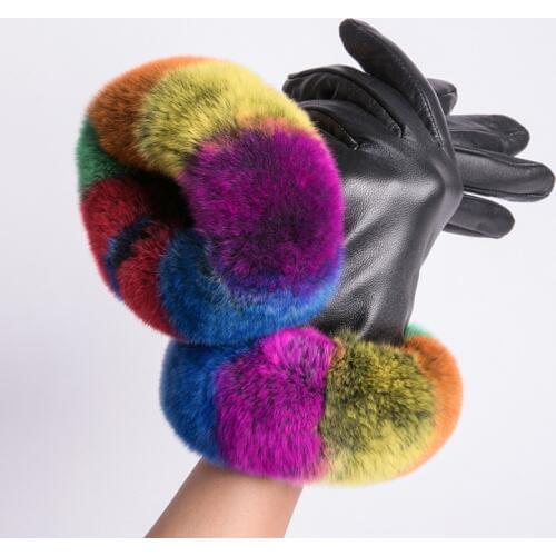 MPPM Leather Gloves Women Warm Autumn Winter Soft Decoration Rex Rabbit Fur Wrist Coral Velvet Thick Real Fur Elegant Gloves
