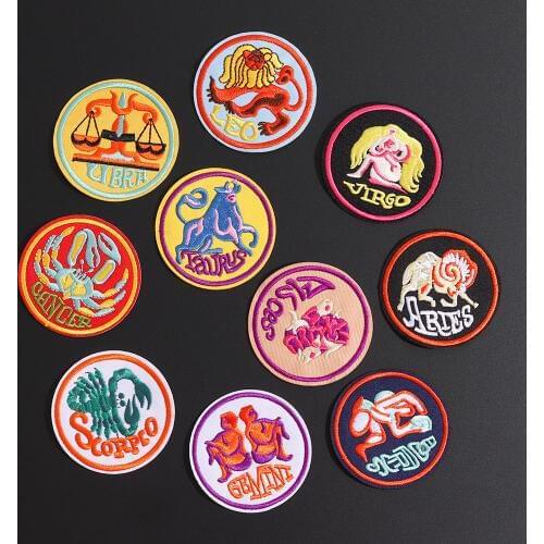 Round 12 Constellations Patch Iron on Cloth Embroidered Sticker Biker Patches Cartoon Applied to Clothing for Gift Decor