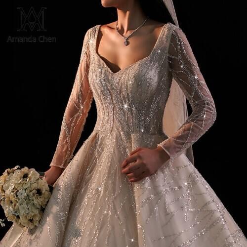 Customized Long Sleeve Lace Applique Glitter Wedding Dress Wholesale
