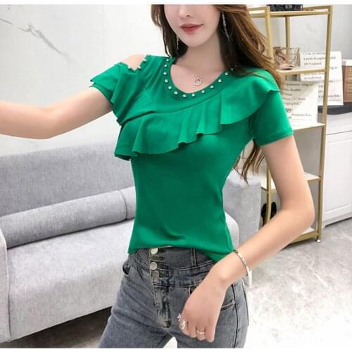Summer Off Shoulder Short Sleeve T Shirt Women Ruffle Rivets Tops Cotton O Neck Tee shirt Femme Korean Style Womens Clothing