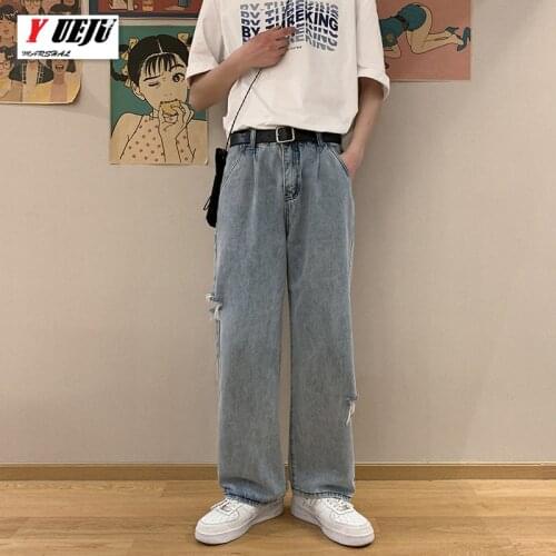 Men Casual Ripped Jeans Washed Straight Loose Jeans Pants Male Denim Trousers Plus Size 2XL Summer Thin Wide-leg Retro Jeans