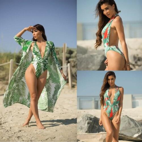 Brand New 2019 Women Sexy Green Leaf Printed Halter Bandage Swimwear Beachwear Push-up Bikini Bathing Suit Monokini