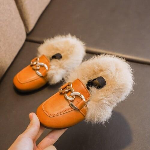 Autumn Winter Girls Warm Cotton Plush Fluffy Fur Kids Loafers with Metal Chain Boys Flats Children Mary Jane Toddler Shoes