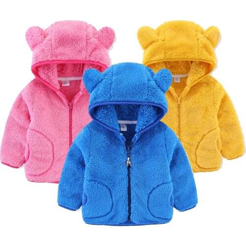 Autumn Childrens Candy Color Coral Fleece Ears Hat with Lined Hooded Zipper Up Jacket Boys Girls Kids Winter Outwear Clothes