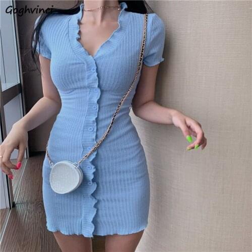 Short Sleeve Dresses Women Sexy Solid Slim Slender Retro Chic Simple OL Bodycon Females Mini Dress Sheath French Style Club Ins