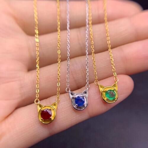 CoLife Jewelry Cute Silver Kitty Pendant for Girl 4mm Natural Emerald Ruby Sapphire 925 Silver Gemstone Pendant Gift for Girl