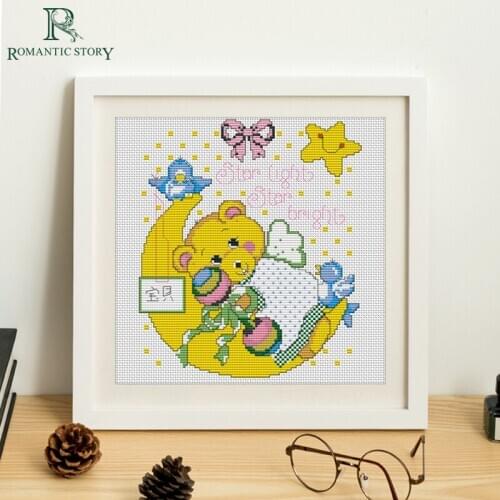 Romantic Story Needlework Cartoon Bear on the Moon Paintings Counted DIY Cross Stitch Kits for Kids Embroidery Cross-Stitching
