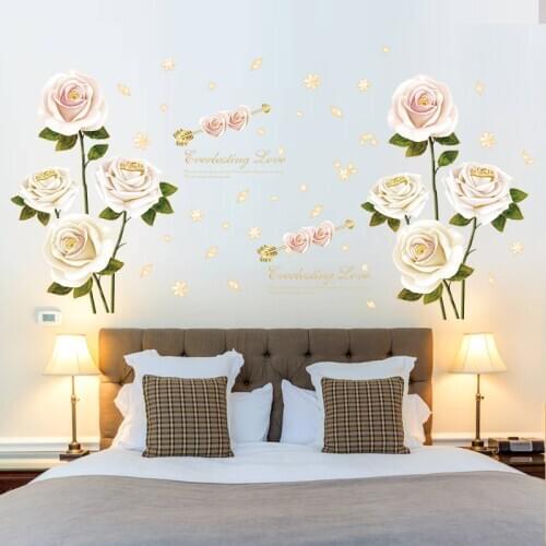 Romantic White Rose Flower Wall Stickers DIY Petal Home Decoration Bedroom Living Room Self adhesive Wardrobe Mural Decals