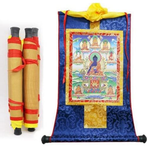 Tibetan Buddha Figurines Pharmacist Hanging Painting Wooden Scroll Stick Decorative Painting Of Buddhist Hall