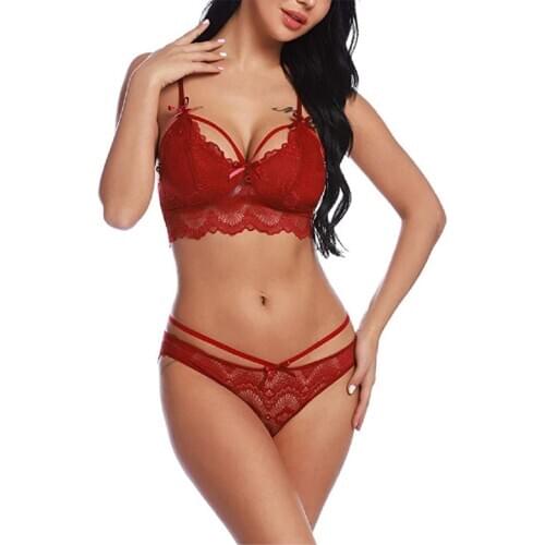 Top Fashion Lace Hollow Three-Point Sexy Suit New Sexy Lingerie Black Blue Red White