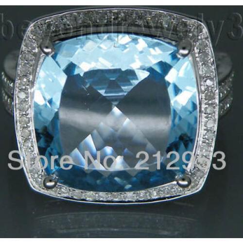 Vintage Cushion 14mm Solid 14Kt White Gold Blue Topaz Ring Genuine Stone Fine Jewelry Gift WU022
